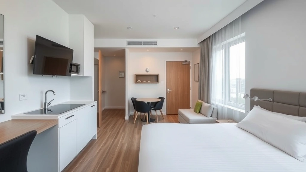 Modern hotel room interior with kitchenette, clean furnishings, and comfortable bed setup, natural lighting from window, professional photography, residential comfort aesthetic