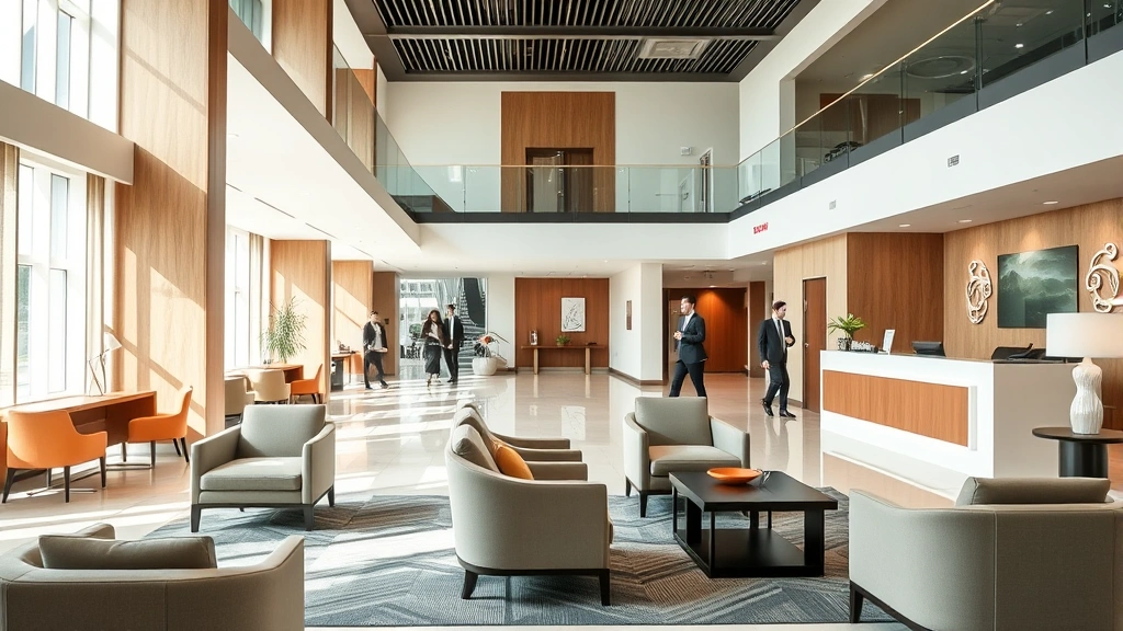 Bright hotel lobby with comfortable seating areas, welcoming reception desk, clean modern design, business travelers and guests in background, contemporary hospitality environment