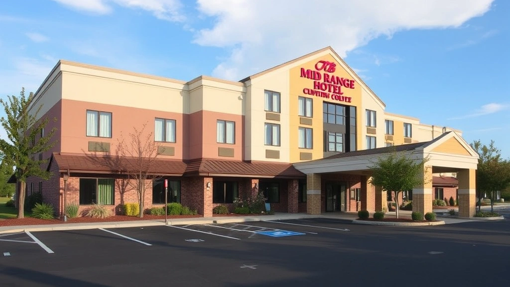 Exterior view of mid-range hotel building with parking lot, suburban location, daytime shot, professional architecture, accessible entrance, well-maintained landscaping