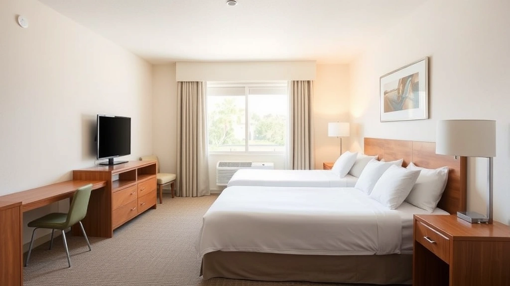 Bright, clean budget hotel room with two beds, neutral colors, modern simple furnishings, well-lit space showing comfortable accommodations without luxury, Florida sunlight through window