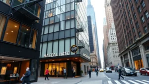 Modern midtown Manhattan hotel exterior on Broadway street with busy pedestrian sidewalk, tall urban buildings, street-level storefronts, daytime natural lighting, professional photography of hotel facade