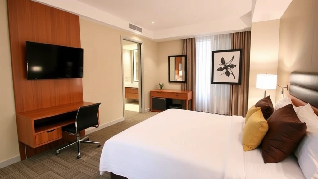 Contemporary hotel guest room with queen bed, work desk, flat-screen TV, modern bathroom visible, clean contemporary furnishings, warm lighting, professional hospitality photography