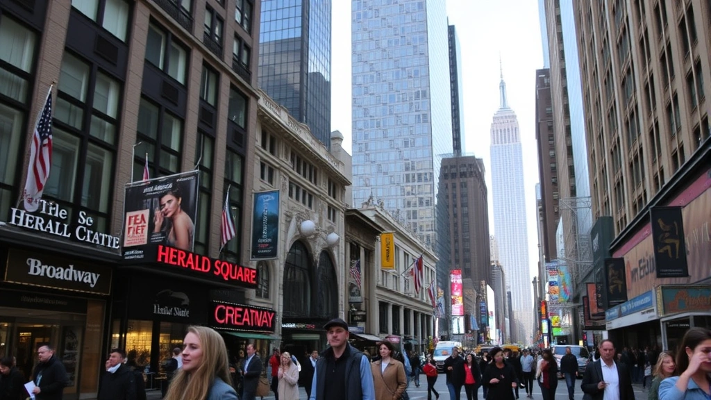 Midtown Manhattan street scene with Herald Square, busy pedestrians, retail storefronts, Broadway signage, Empire State Building visible in distance, urban cityscape, daytime photography