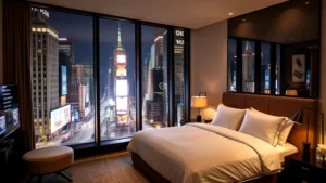 Modern Manhattan hotel room with floor-to-ceiling windows overlooking Times Square at night, contemporary furnishings, neutral color palette with warm accents, king bed with premium linens, bright city lights visible through glass