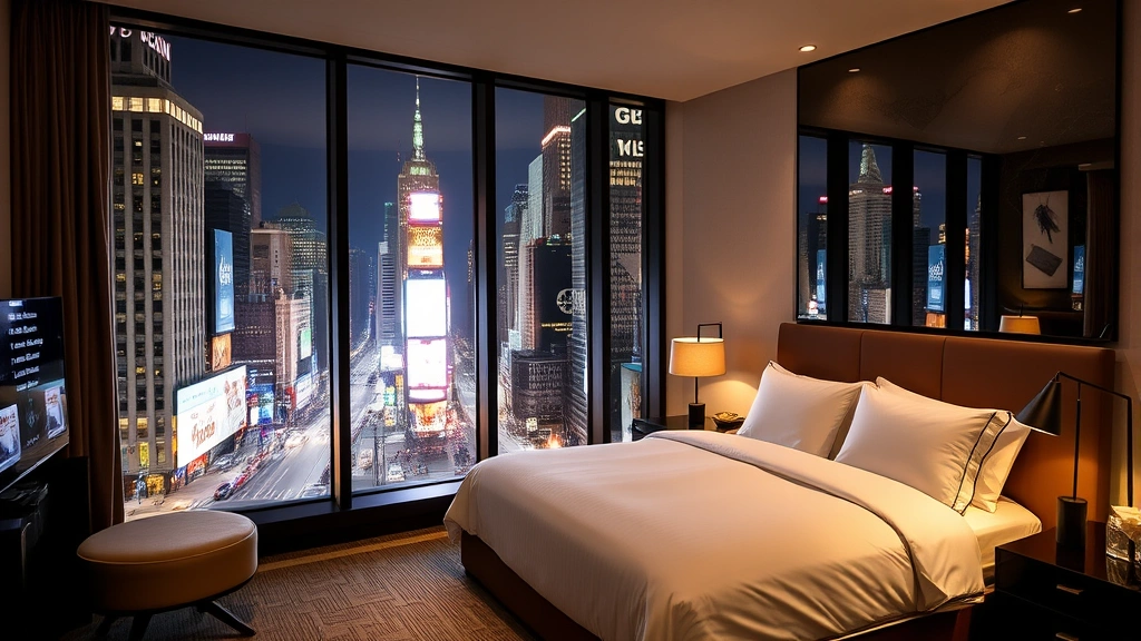 Modern Manhattan hotel room with floor-to-ceiling windows overlooking Times Square at night, contemporary furnishings, neutral color palette with warm accents, king bed with premium linens, bright city lights visible through glass