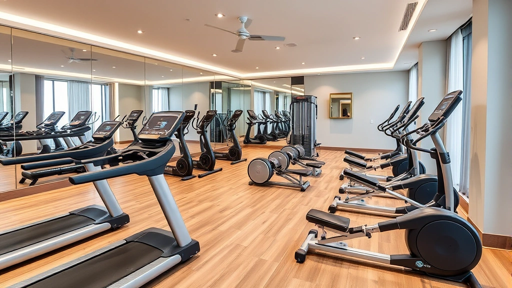Sleek hotel fitness center with cardio equipment, strength training machines, mirrors, and wooden flooring, bright modern lighting, contemporary design aesthetic, clean and well-maintained facility