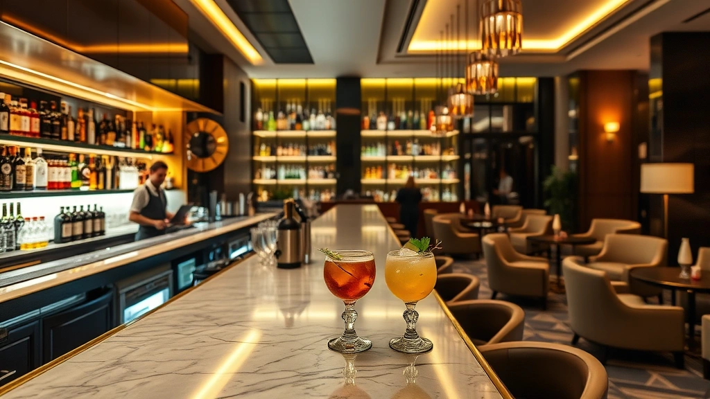 Upscale hotel lobby bar with craft cocktails on counter, warm ambient lighting, sophisticated seating areas, premium bottles on shelves behind bar, professional bartender preparing drinks, elegant contemporary design