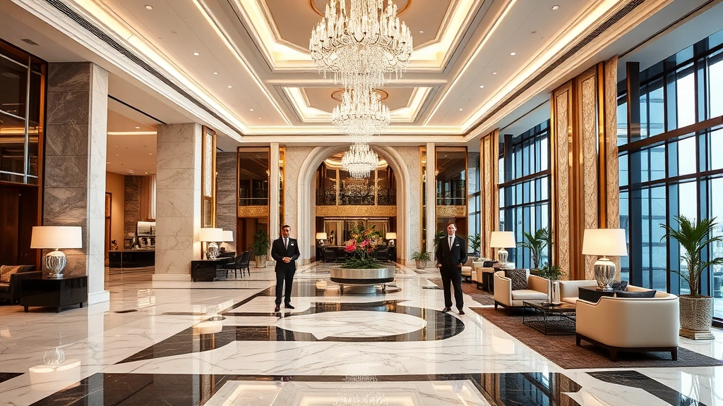 Elegant luxury hotel lobby with marble floors, crystal chandeliers, modern furnishings, and sophisticated decor, featuring comfortable seating areas and professional staff in formal attire