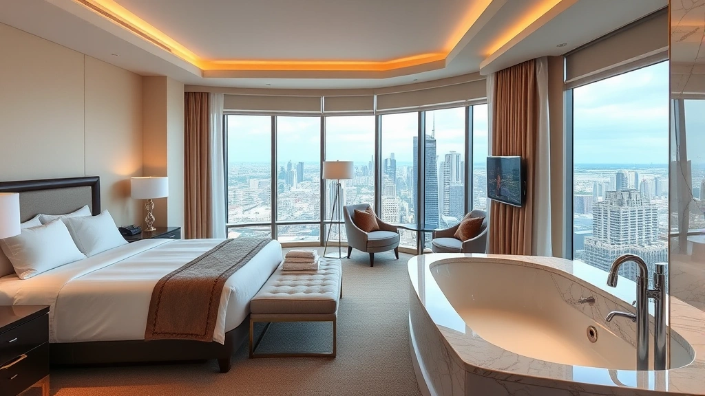 Spacious five-star hotel suite bedroom with premium bedding, floor-to-ceiling windows overlooking city skyline, elegant furniture, and marble bathroom with soaking tub visible