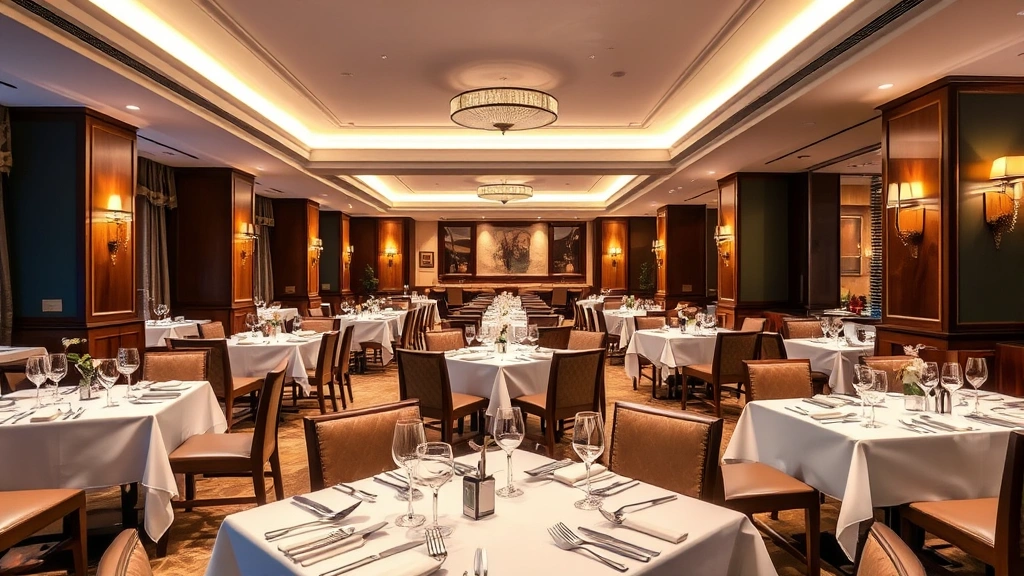 Fine dining restaurant in luxury hotel with white tablecloths, professional place settings, ambient lighting, and elegant decor, empty tables ready for guests