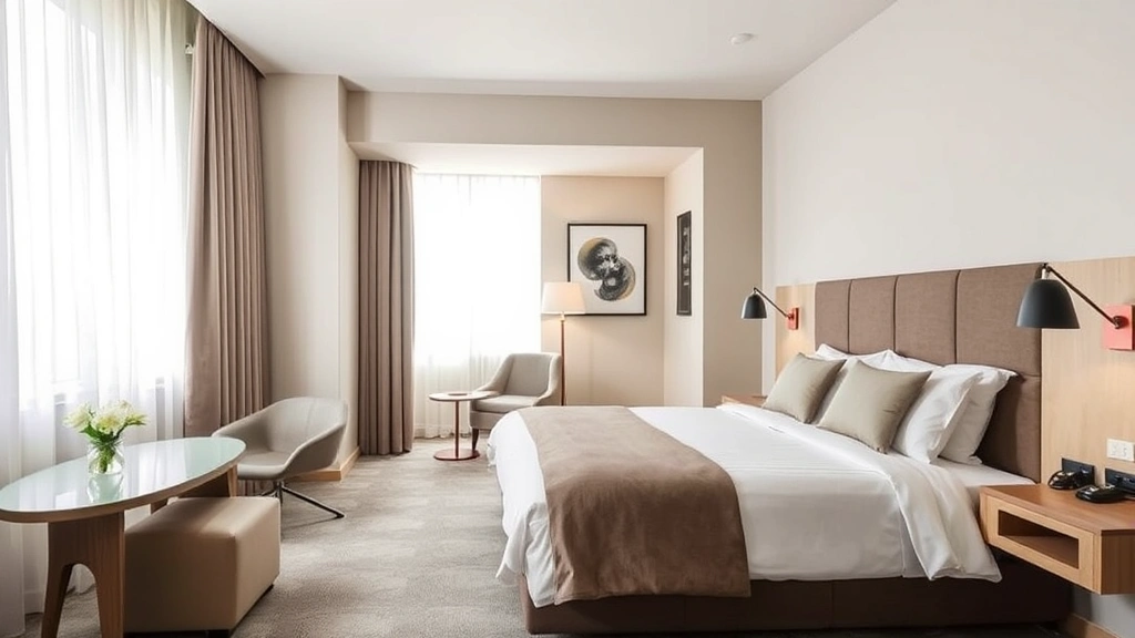 Modern hotel room with comfortable bed, neutral tones, natural lighting from large window, contemporary furniture and clean minimalist decor, no visible text or signage
