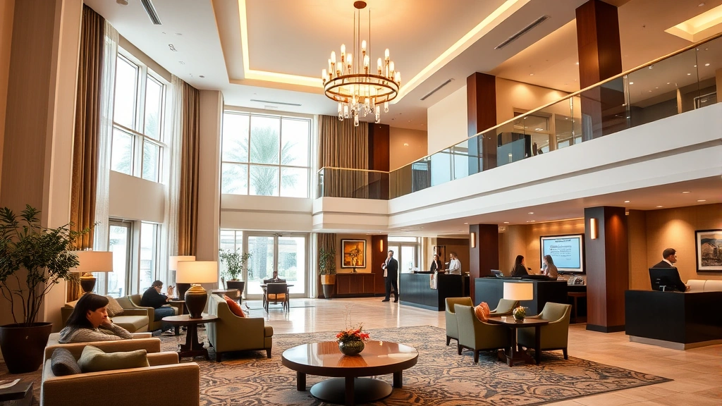 Hotel lobby or common area with welcoming atmosphere, comfortable seating, professional but warm ambiance, guests checking in or relaxing, bright well-lit space