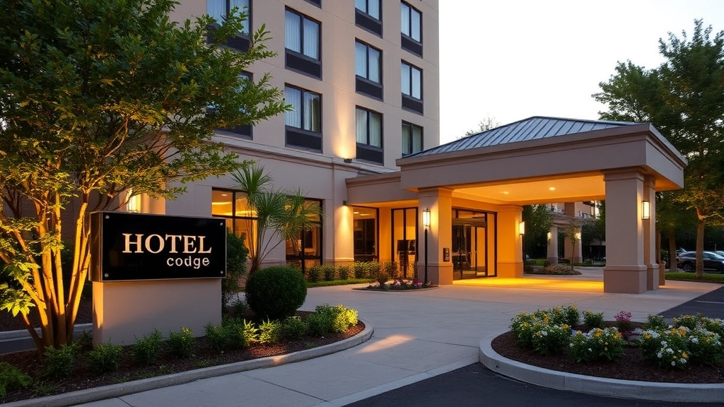 Hotel exterior or entrance with landscaping, professional signage area (no readable text), architectural details, daytime lighting showing well-maintained property facade