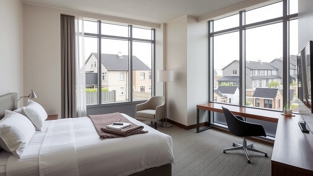 Modern minimalist hotel room with contemporary furniture, clean lines, neutral tones, premium bedding, work desk with lamp, floor-to-ceiling windows overlooking residential neighborhood, daytime natural lighting