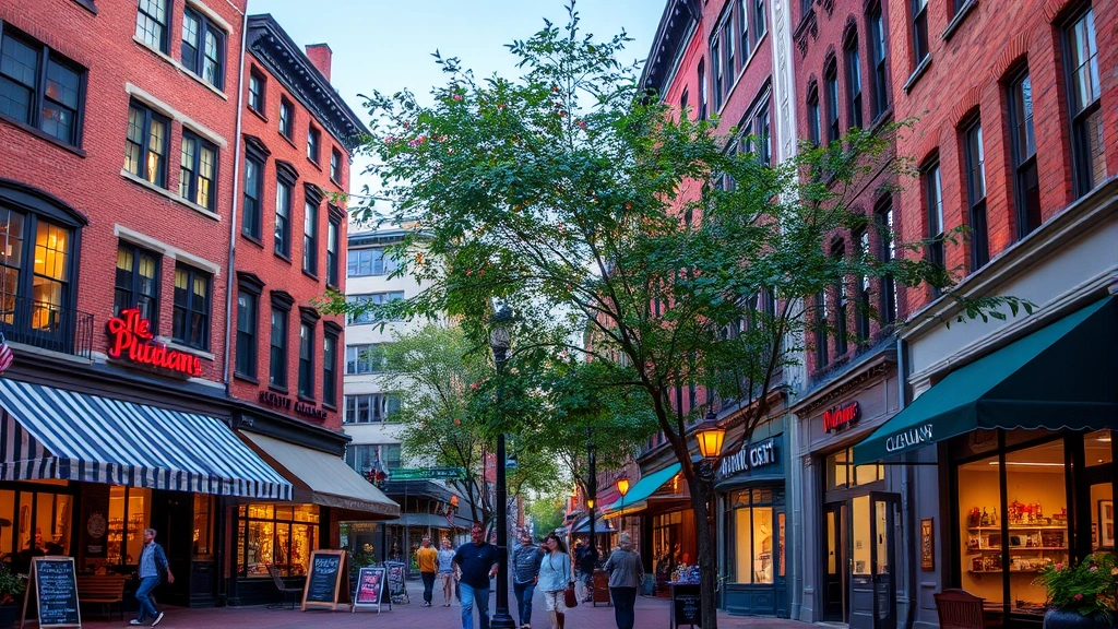 Vibrant neighborhood street scene near Cleveland Circle with local restaurants, boutique storefronts, pedestrians walking, tree-lined sidewalk, urban residential architecture, evening warm lighting, authentic Boston neighborhood atmosphere
