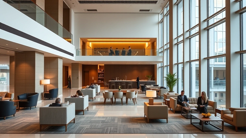 Contemporary hotel lobby with modern design aesthetic, comfortable seating areas, neutral color palette, floor-to-ceiling windows, professional ambiance, guests relaxing, warm ambient lighting, minimalist décor