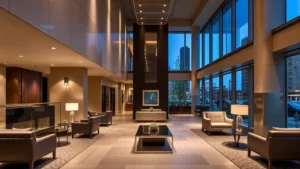 Modern downtown Seattle hotel lobby with minimalist design, contemporary furniture, neutral color palette, glass and steel accents, evening ambient lighting, no visible signage or text