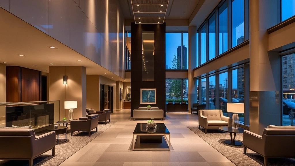 Modern downtown Seattle hotel lobby with minimalist design, contemporary furniture, neutral color palette, glass and steel accents, evening ambient lighting, no visible signage or text