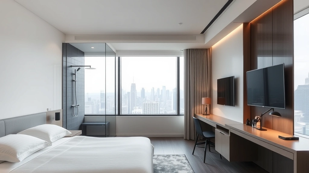 Sleek hotel guest room interior with platform bed, rainfall showerhead visible through glass bathroom partition, work desk with task lighting, floor-to-ceiling windows overlooking urban skyline, clean white and gray tones
