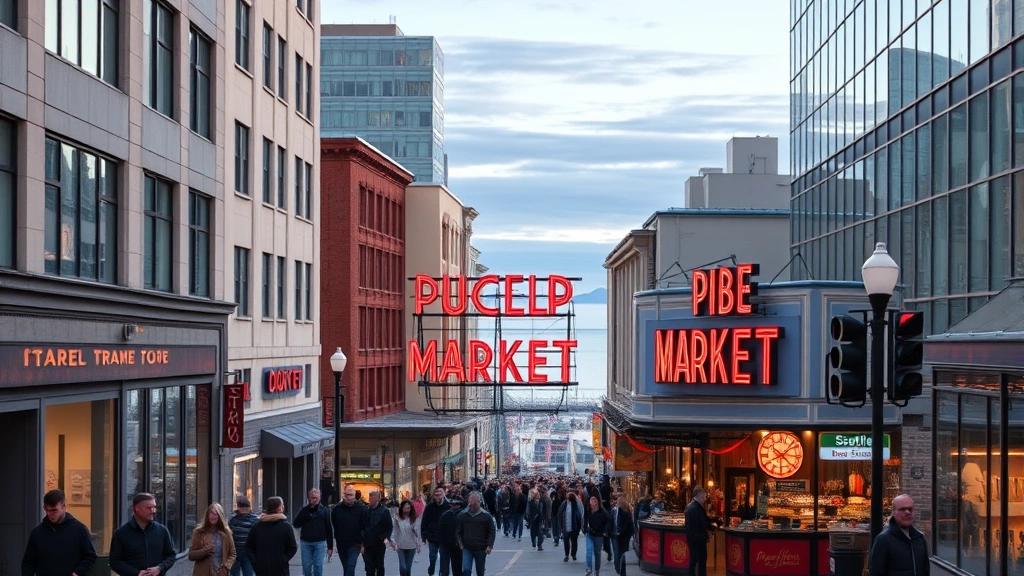 Downtown Seattle street view showing urban pedestrian area with modern buildings, Pike Place Market sign district, waterfront in distance, diverse crowds walking, evening light, no visible addresses or building numbers