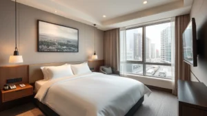 Modern minimalist hotel room with clean lines, neutral tones, premium bedding, Japanese design elements, natural light from window overlooking urban Tokyo street