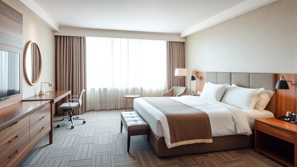 Modern hotel room interior with clean bed, work desk, and contemporary furnishings in neutral tones, bright natural lighting from window