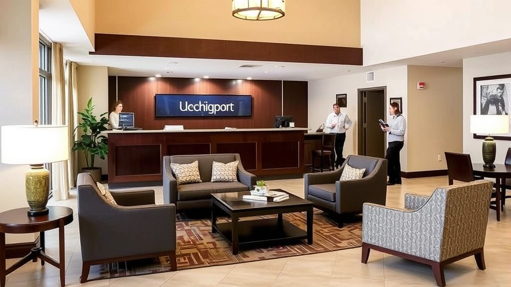Hotel lobby area with comfortable seating, welcoming front desk, and professional hospitality staff assisting guests in casual setting