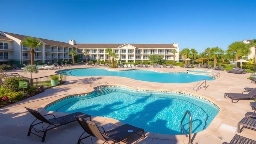 Swimming pool area with lounge chairs, clear water, and surrounding landscaping at mid-range hotel property during daytime