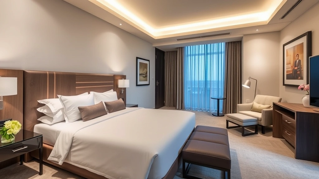 Luxurious modern hotel bedroom with king bed, soft lighting, elegant furnishings, and contemporary décor. Clean lines, neutral color palette, high-end linens, plush pillows, and tasteful artwork on walls. No people visible.