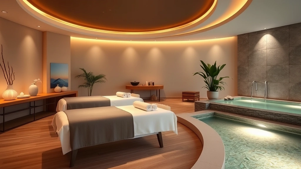Upscale hotel spa with massage therapy beds, soft ambient lighting, aromatherapy diffusers, and serene water features. Tranquil relaxation space with neutral tones, plants, and peaceful atmosphere. No people in image.