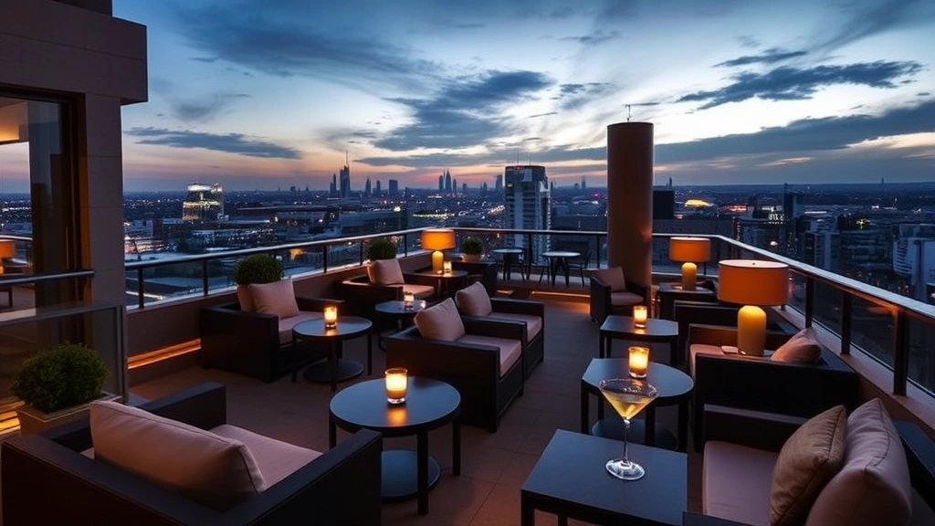 Sophisticated hotel rooftop lounge area at dusk with comfortable seating, mood lighting, cocktail tables, and city views in background. Adults' relaxation space with elegant furnishings and refined ambiance. No people visible.