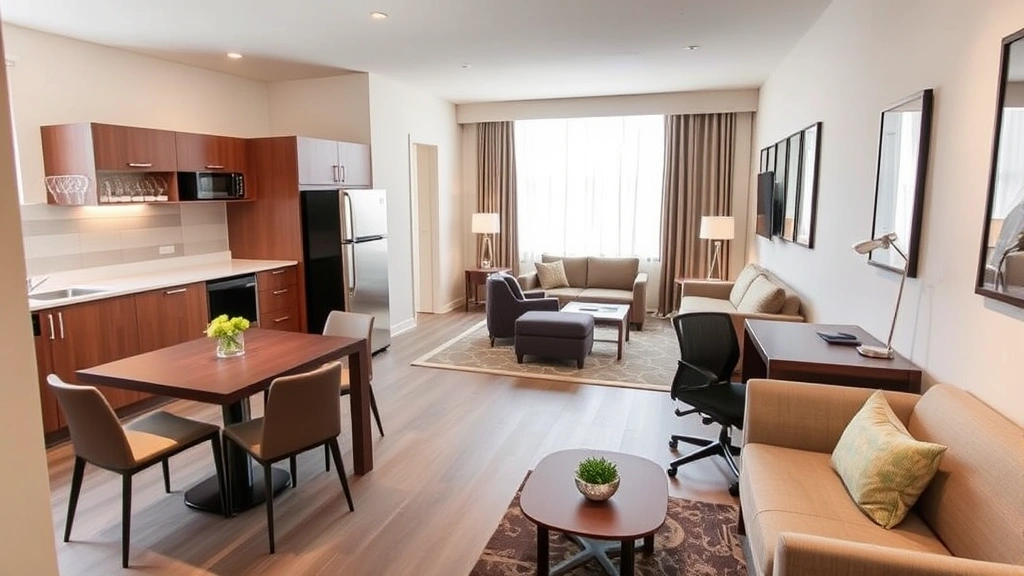 Modern apartment-style hotel room with fully equipped kitchen, dining table, separate living area with sofa, and professional workspace desk with ergonomic chair, neutral contemporary design, bright natural lighting from large windows, residential yet professionally maintained interior