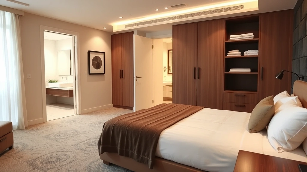Spacious serviced apartment bedroom with king bed, adequate storage, modern bathroom visible through open door, warm lighting, high-quality furnishings, guest belongings on shelves indicating extended stay comfort and functionality