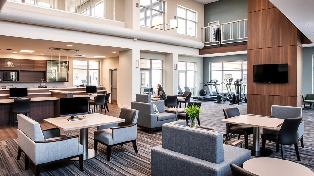 Common area of extended-stay property showing co-working space with multiple workstations, comfortable seating areas, fitness equipment in background, professional atmosphere, modern decor, natural lighting, appealing to remote workers and business travelers