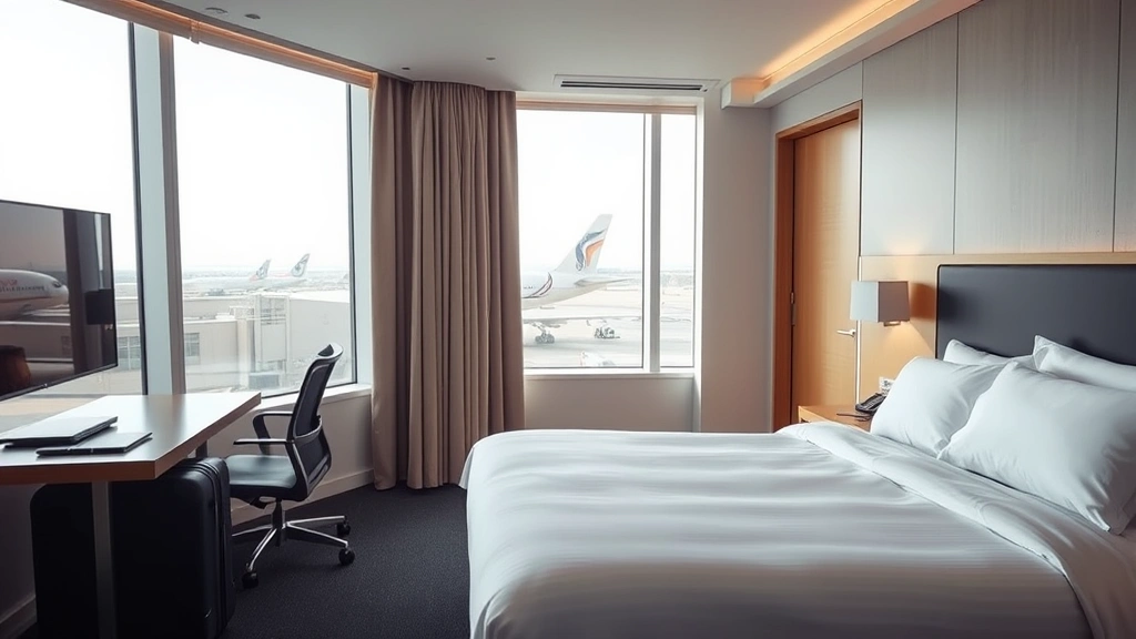Modern airport hotel room with comfortable bed, soundproof windows showing aircraft in distance, contemporary lighting, clean minimalist design, business workspace visible, traveler's luggage by door