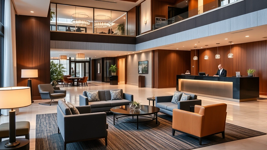 Modern hotel lobby with comfortable seating, warm lighting, and professional front desk reception area with staff assisting guests