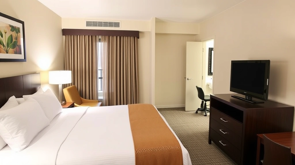 Bright, clean hotel guest room featuring queen bed with crisp linens, work desk, flat-screen TV, and contemporary bathroom visible through open door