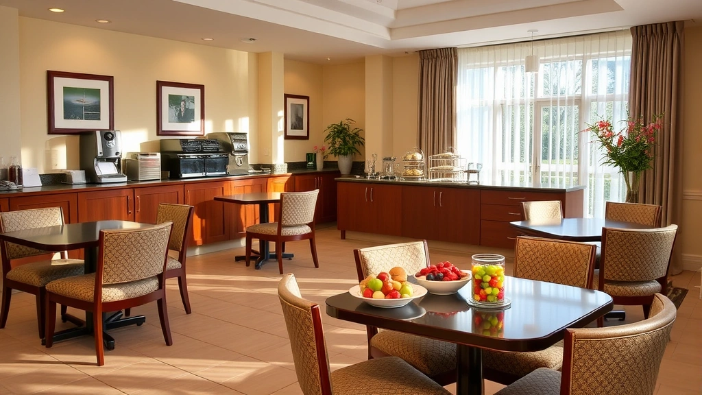 Hotel dining area with continental breakfast spread including fresh fruits, pastries, beverages, and comfortable seating for guests in morning light