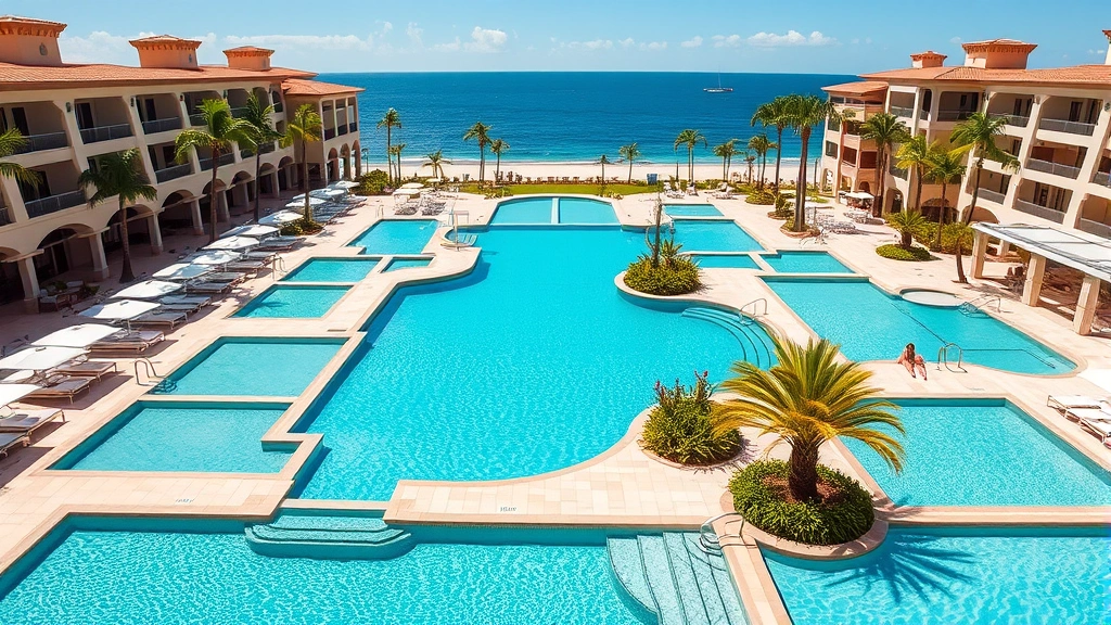 Modern luxury resort pool area with multiple connected pools, lounging areas with white cushioned furniture, Gulf of Mexico visible in distance, Mediterranean architecture surrounding pool deck, guests relaxing in background, bright daylight