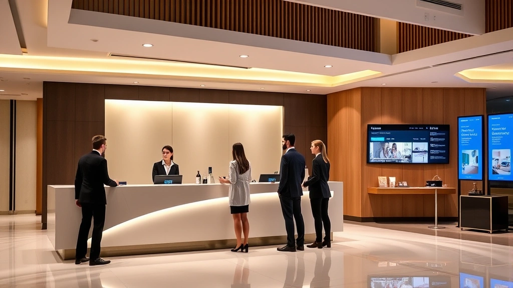 Modern hotel front desk with staff assisting guests during check-in, bright contemporary lobby with digital screens showing room availability, professional hospitality setting