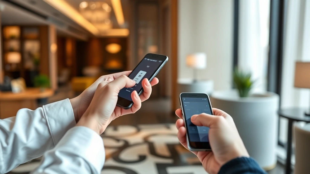 Close-up of hands using mobile device for contactless hotel check-in, smartphone displaying digital room key, modern payment technology in luxury hotel lobby