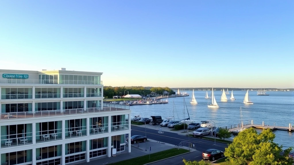 Waterfront hotel exterior with Chesapeake Bay view, modern architecture, sailboats on water, calm morning light, residential waterfront setting, no signage or text visible