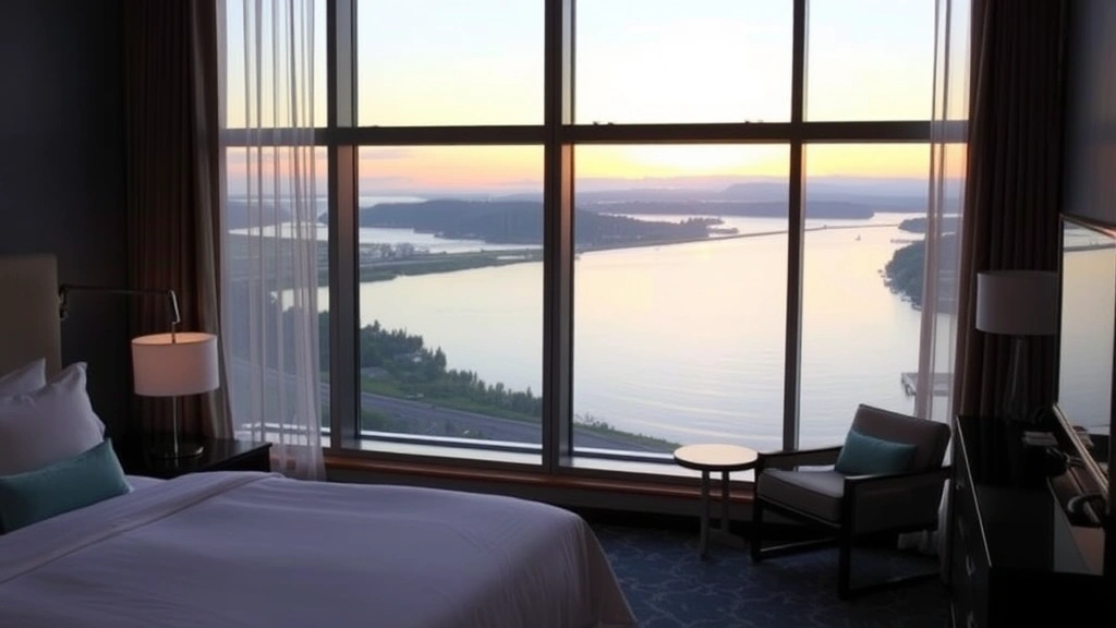 Luxury hotel guest room with waterfront window view, contemporary coastal design, white bedding, soft blue accents, river view at sunset, peaceful ambiance, no identifying information