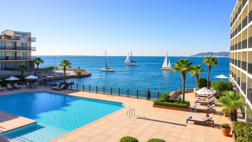 Hotel pool area with waterfront backdrop, lounge seating, blue water, sailboats visible in distance, summer afternoon, relaxation setting, no people or identifying markers
