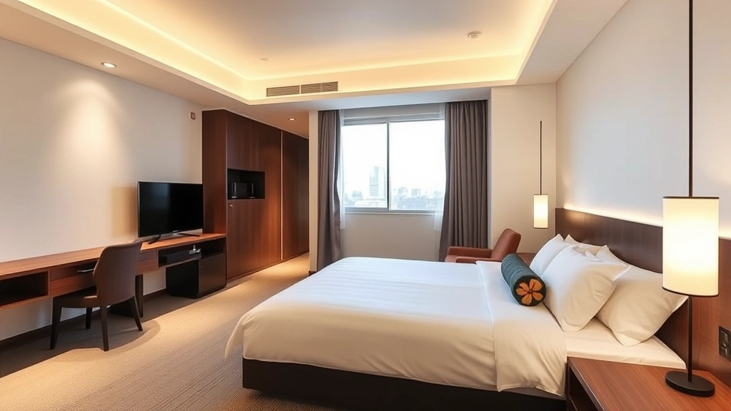 Modern Japanese hotel room with queen bed, desk, flat-screen TV, minimalist decor, warm lighting, clean white walls and dark wood furniture, contemporary Japanese interior design aesthetic
