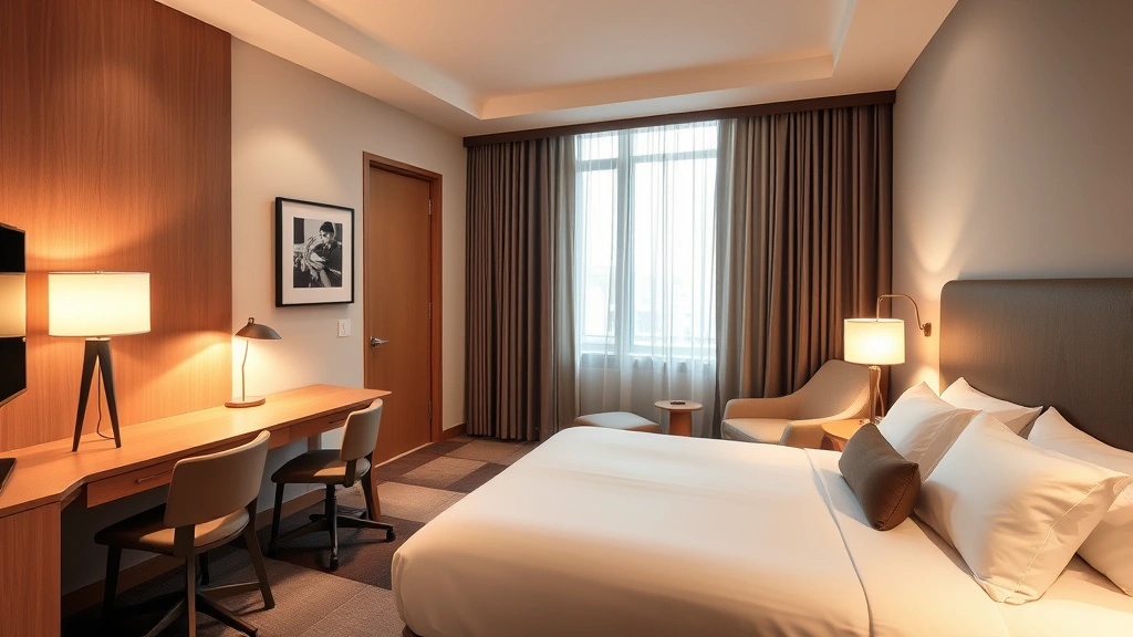 Modern hotel room with clean contemporary furnishings, comfortable bed with white linens, desk workspace, warm ambient lighting, professional hospitality setting, no visible text or signage
