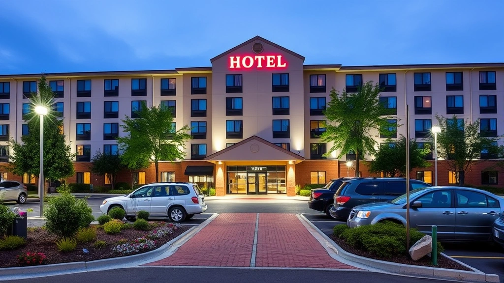 Hotel exterior showing building facade, landscaped entrance, parking area with vehicles, clear daytime lighting, residential-commercial hybrid architecture, welcoming entrance pathway, no visible address numbers or business signage