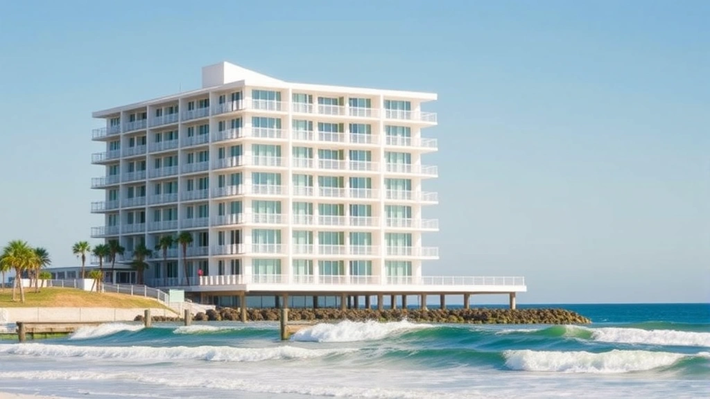 Modern oceanfront hotel building with white architecture, multiple floors, balconies overlooking Atlantic Ocean, sandy beach with waves, clear blue sky, daytime photography, no text or signage visible