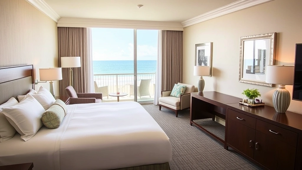 Comfortable hotel room interior with king bed, ocean view window showing beach landscape, modern furniture, neutral color palette, natural lighting, coastal decor elements, no hotel logos or text visible