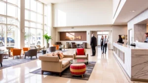 Bright, modern hotel lobby with comfortable seating areas, natural light from large windows, neutral color palette with accent furniture, professional but welcoming atmosphere, guests checking in at marble desk